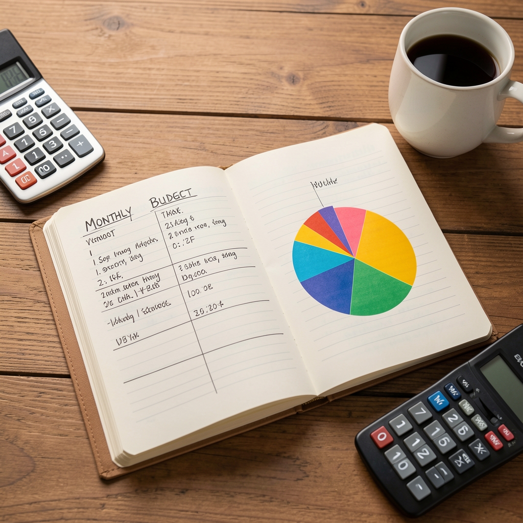 Open personal finance notebook with handwritten monthly budget plan, colorful pie chart, calculator and coffee mug on wooden desk